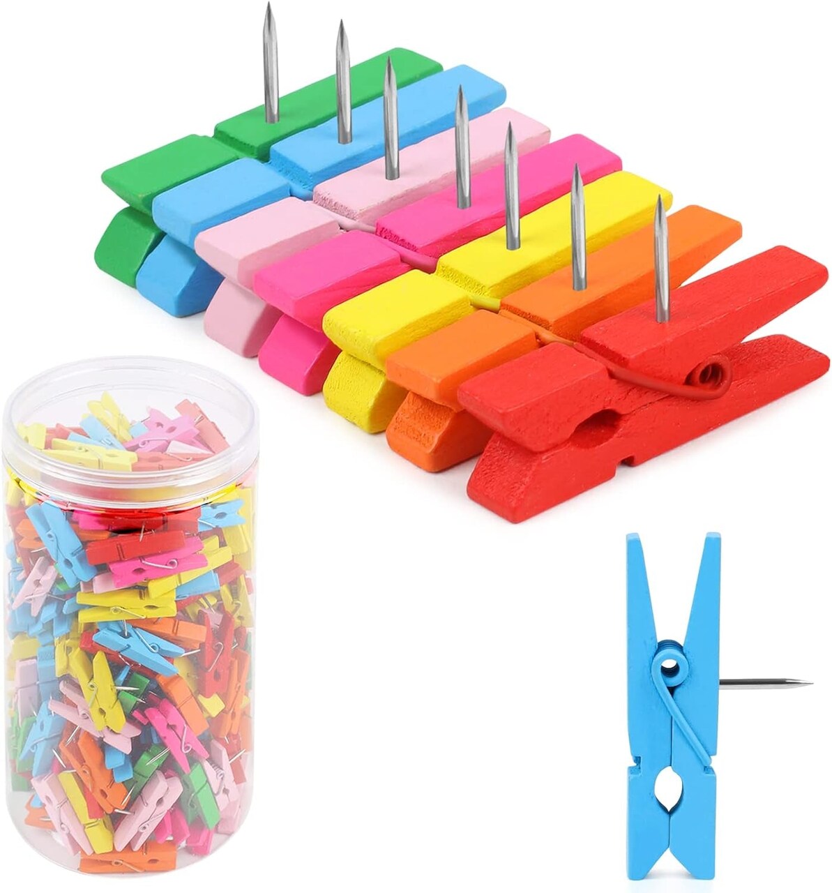 260 PCS Colorful Push Pin with Wooden Clips, Durable Wooden Push Pins, Decorative Pushpins Tacks Thumbtacks, Tacks for Cork Board Artworks Notes Photos, Craft Projects, Offices and Homes (7 Colors)